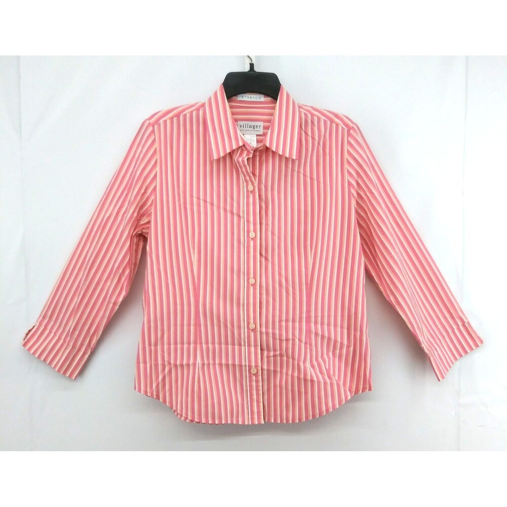 Villager Liz Claiborne Dress Shirt Women Size 12 Pink Striped Button Up Top